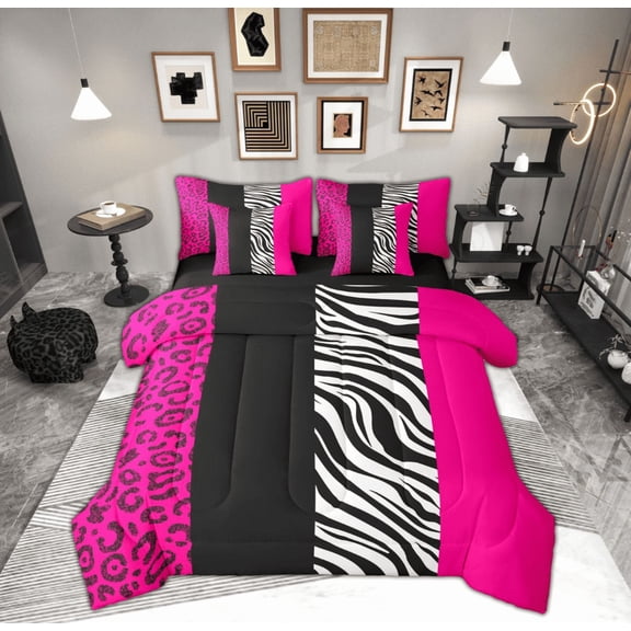 Manfei Chic Leopard Print Twin Bedding Sets 7-Piece for Female, Cheetah Zebra Animal Bedding Comforter Set, Black Pink Geometric Reversible Sheet Sets, Ultra Soft Home Decor