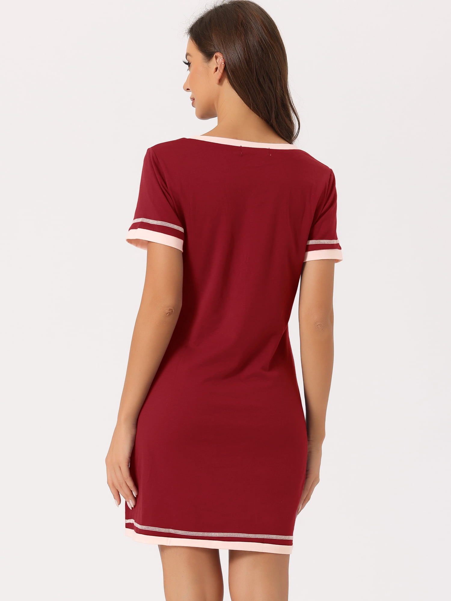 DARING DIVA Women's Short Sleeve V Neck Contrast Color Nightgown Sleepdress L Burgundy