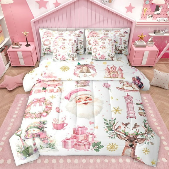 Homewish Kawaii Santa Claus Snowman 7-Piece Twin Bedding Sets For Children Teens Adults,Happy Christmas Xmas Bedding Comforter Set,Dreamy Princess Breathable Sheet Sets,Super Cozy Room Decor