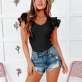 thumbnail image 4 of Body con cuello en V y manga con volantes para mujer, camiseta básica ajustada a presión con parte inferior elástica, mono negro M, 4 of 7