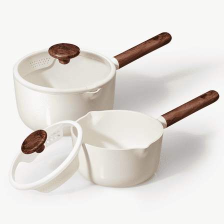 Carote 2QT & 3QT Ceramic Nonstick Saucepan Set with Strainer Lids, Small Cooking Pot, Induction Compatible, White