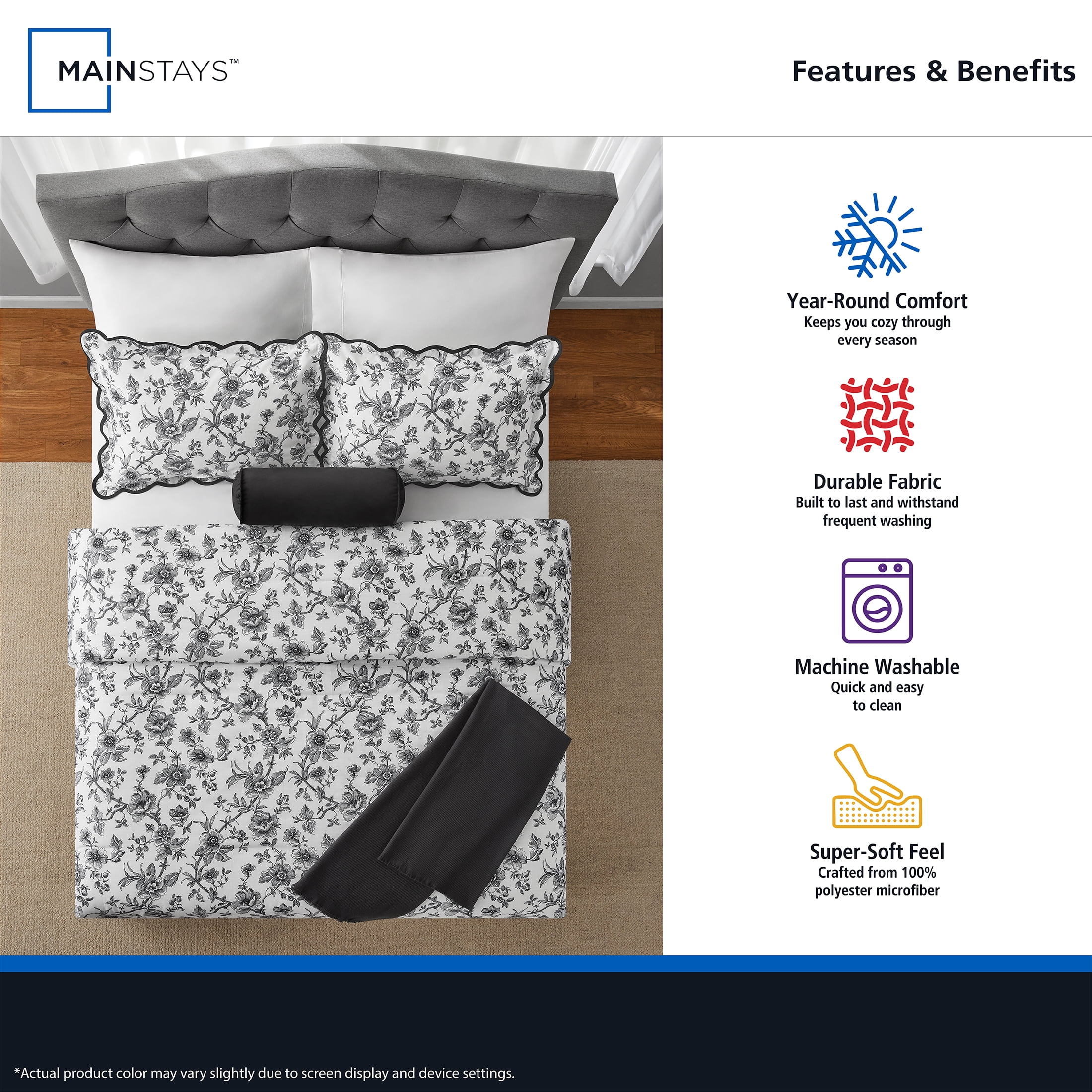 Mainstays Floral Scallop 4-Piece White/Black Comforter Set, Twin/Twin XL