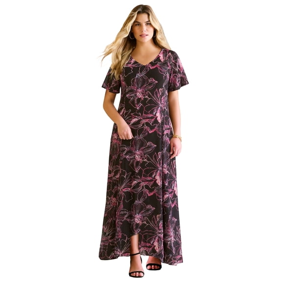 Roaman's Women's Plus Size Hand Crinkled Flutter-Sleeve Maxi Dress