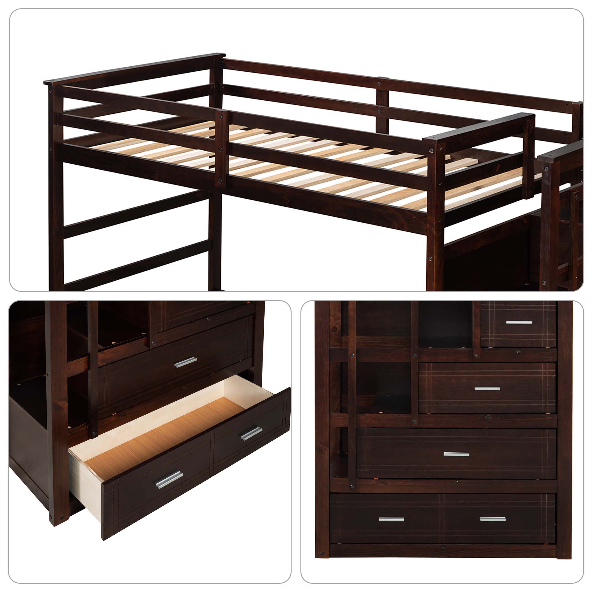 Aukfa Twin over Twin Bunk Bed with Trundle and Staircase, Wood Bunk Bed with 4 Storage Drawers for Kids, Teens - Espresso