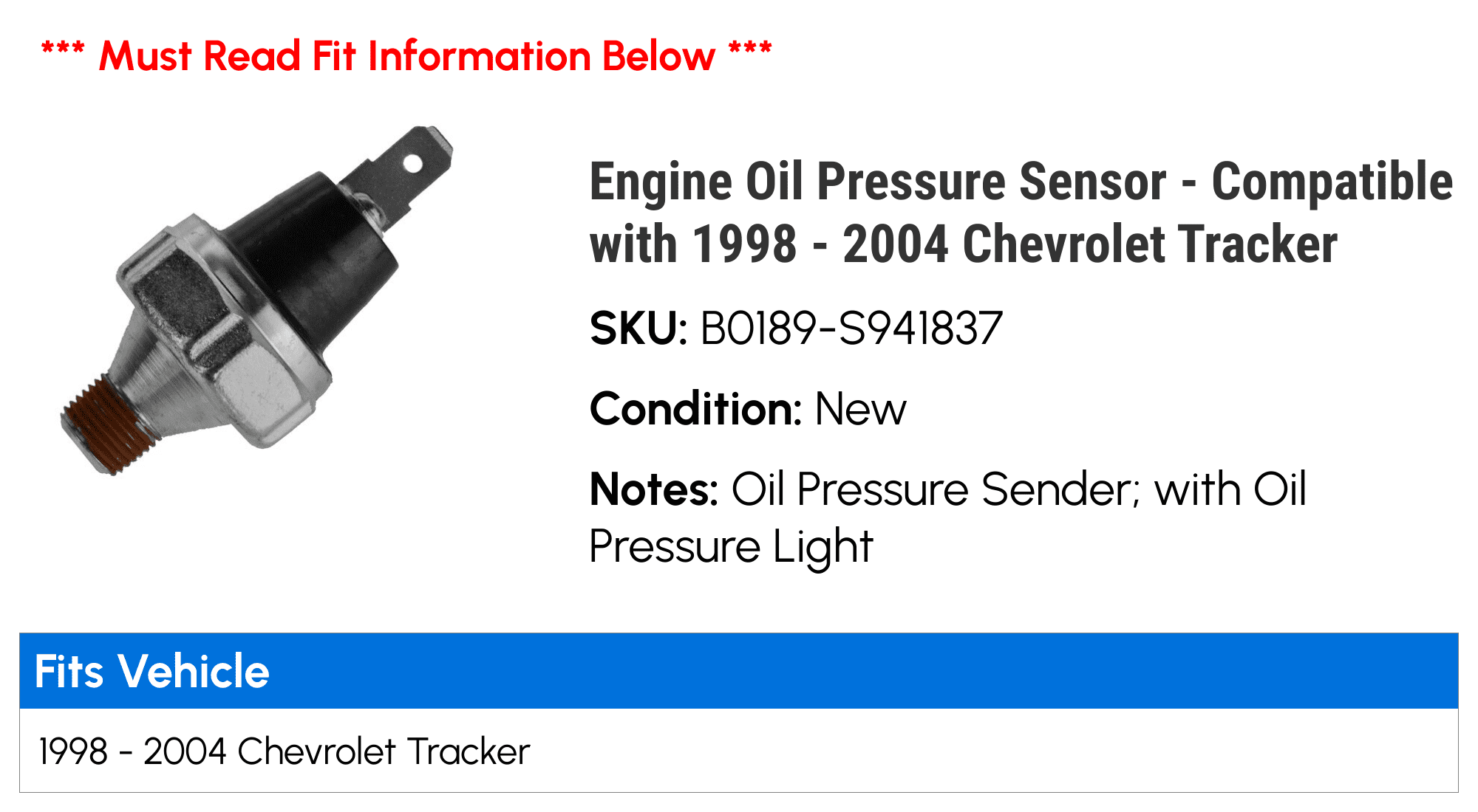 Engine Oil Pressure Sensor - Compatible with 1998 - 2004 Chevy Tracker 1999 2000 2001 2002 2003