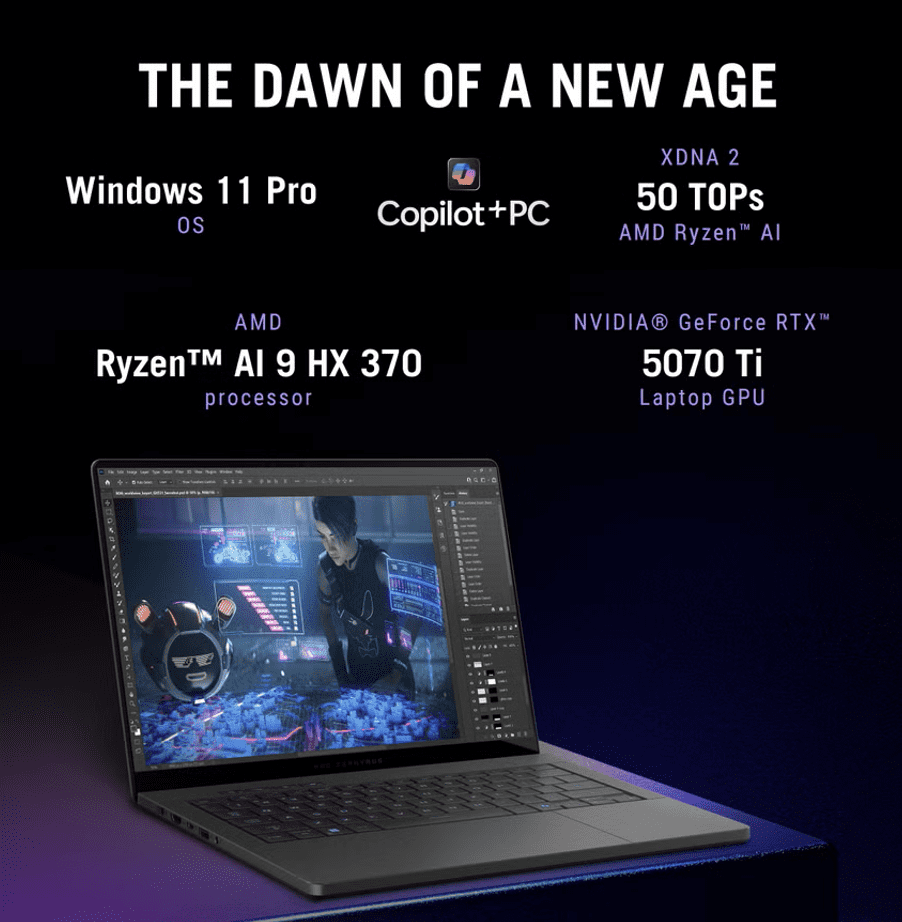 ASUS ROG Zephyrus G14 AI Gaming Laptop 14.0in 120Hz 2.8K Display (AMD Ryzen AI 9 HX 370, GeForce RTX™ 5070 Ti 12GB, 32GB LPDDR5X, 4TB PCIe SSD, RGB KB, WiFi 7, Webcam, Bluetooth 5.4, Win 11 Pro)