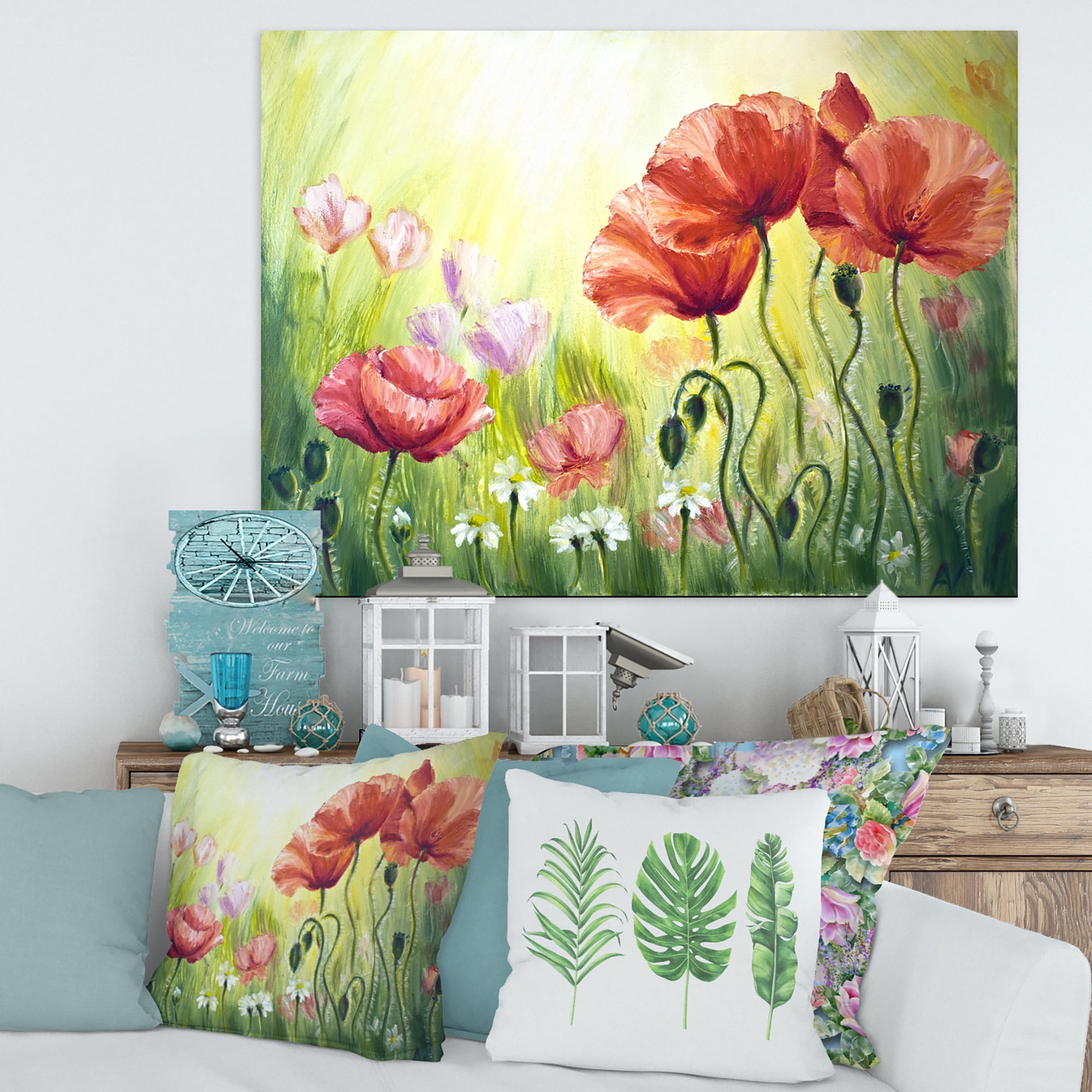 Designart ' Blossoming Red and Purple Poppies In The Morning I ' Traditional Canvas Wall Art Print