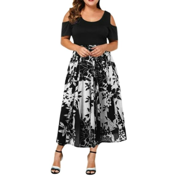 Gvmfive Plus Size Womens Floral Short Sleeve Casual Swing Dress Cold Shoulder Cocktail Party Dress