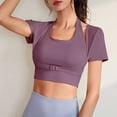 thumbnail image 2 of hotojiny Womens Workout Tops Stylish Halter Short Sleeve U Neck Yoga Shirts Stretchy Athletic Running Built-In Bra Gym Clothes, 2 of 6