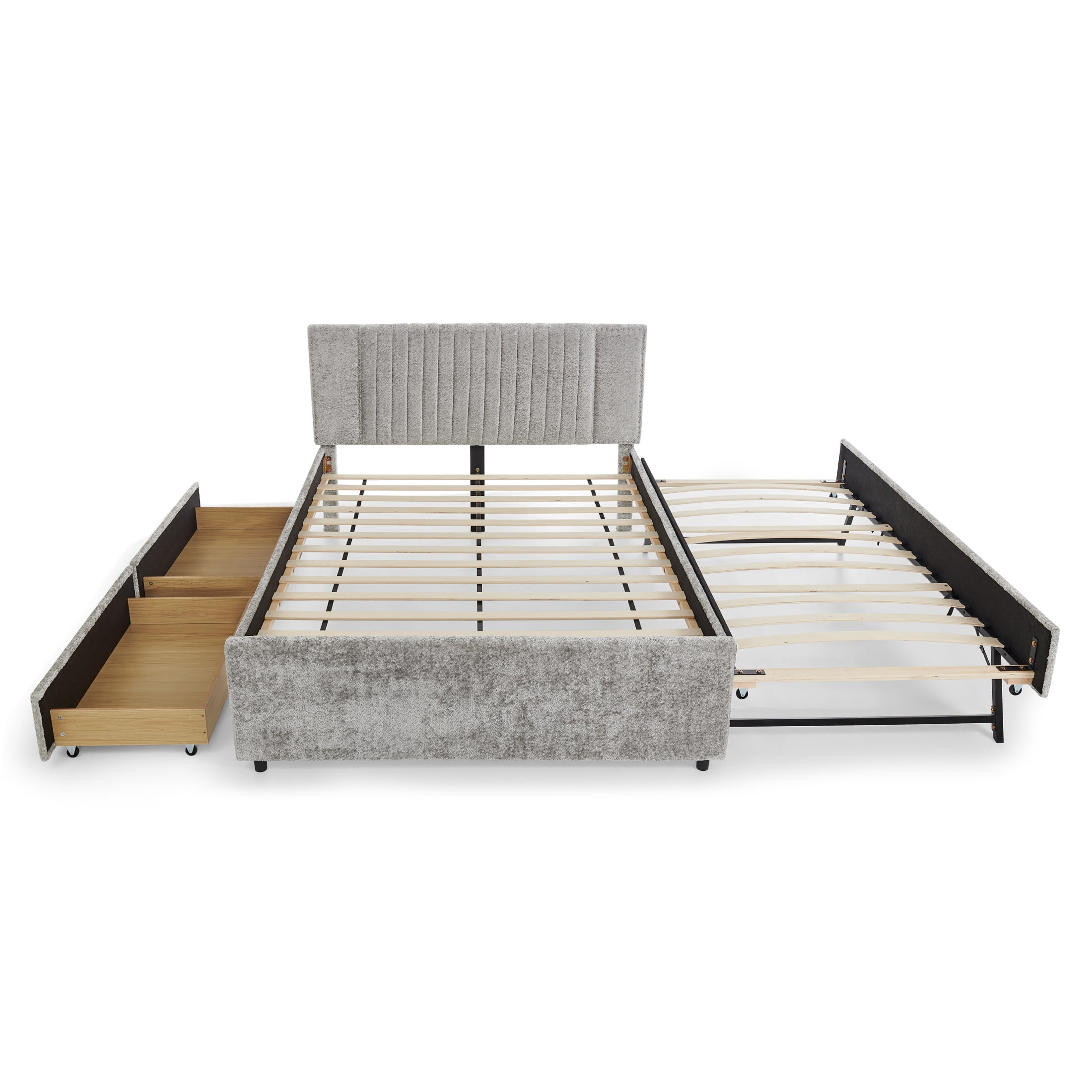 Noble House Luxen Queen Chenille Upholstered Bed, Vertical Tufted Daybed with Pull-out Trundle and Storage Drawers, Gray