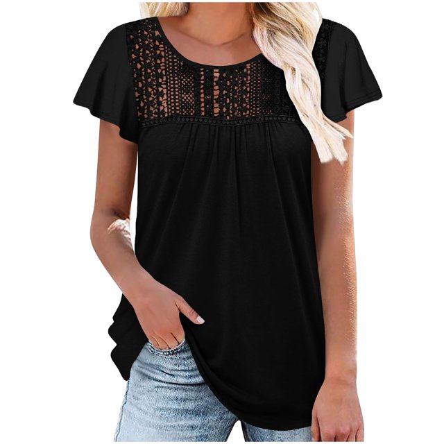Birdeem Blouses pour Femmes Col Rond Uni Manches à Volants en Dentelle Haut Ajusté Manches Courtes Col Rond/chemise