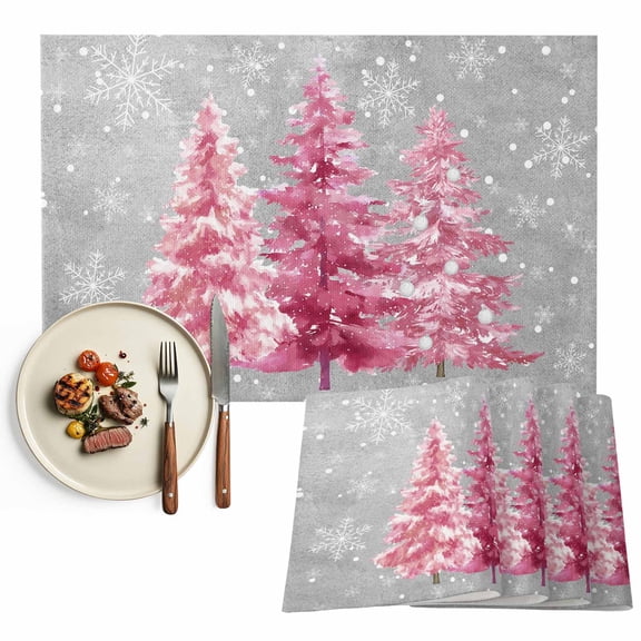 Pink Christmas Tree Placemats Set of 4, Xmas Grey Winter Snowflakes Table Mats Washable Heat-Insulation Non-Slip Place Mats for Kitchen Dinner Table Indoor Outdoor Decor,13x19 Inch