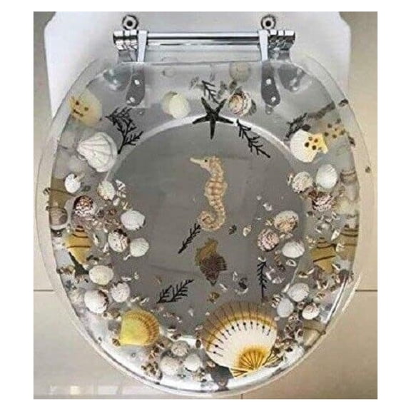 Clear Seashell and Seahorse Resin Toilet Seat, Standard Size Round with Hinges