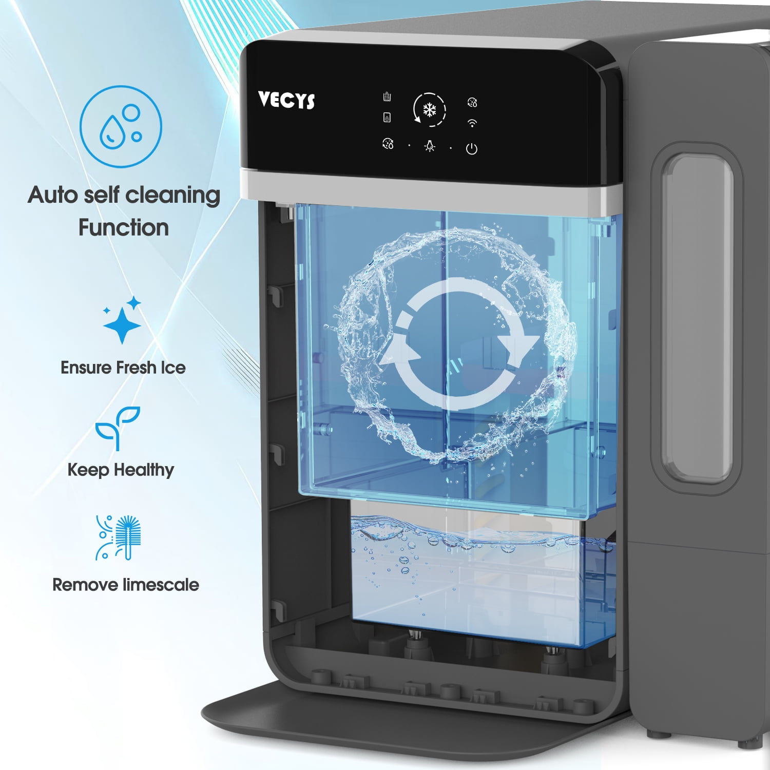 VECYS Nugget Ice Maker with Steel Trim, 33LBS/Day Self-Cleaning