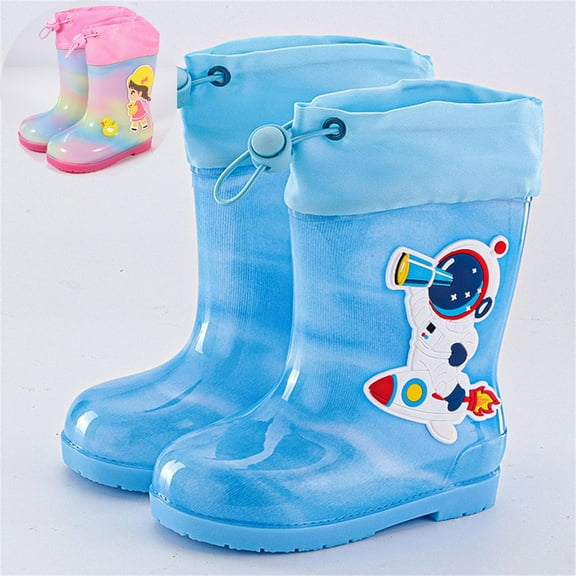 Hpapadks Kids Rain Boots Galoshes Cartoon Mid Calf Waterproof Water Shoes With Adjustable Drawstring Outdoor Wide Calf Blue 1 Y