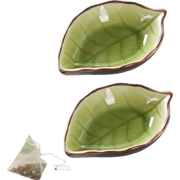 2Pcs Tea Bag Coaster, 4.33 Inch Ice Crack Glaze Ceramic Tea Bag Rest, Leaf Shape Tea Bag Holder Dish, Porcelain Tea Bag Plate