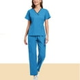 thumbnail image 3 of OGLCCG Women Scrubs Set V-Neck Stretch Short Sleeve Top & Cargo Jogger Pants Solid Color Nurse Work Medical Uniform Workwear,M,Sky Blue, 3 of 3