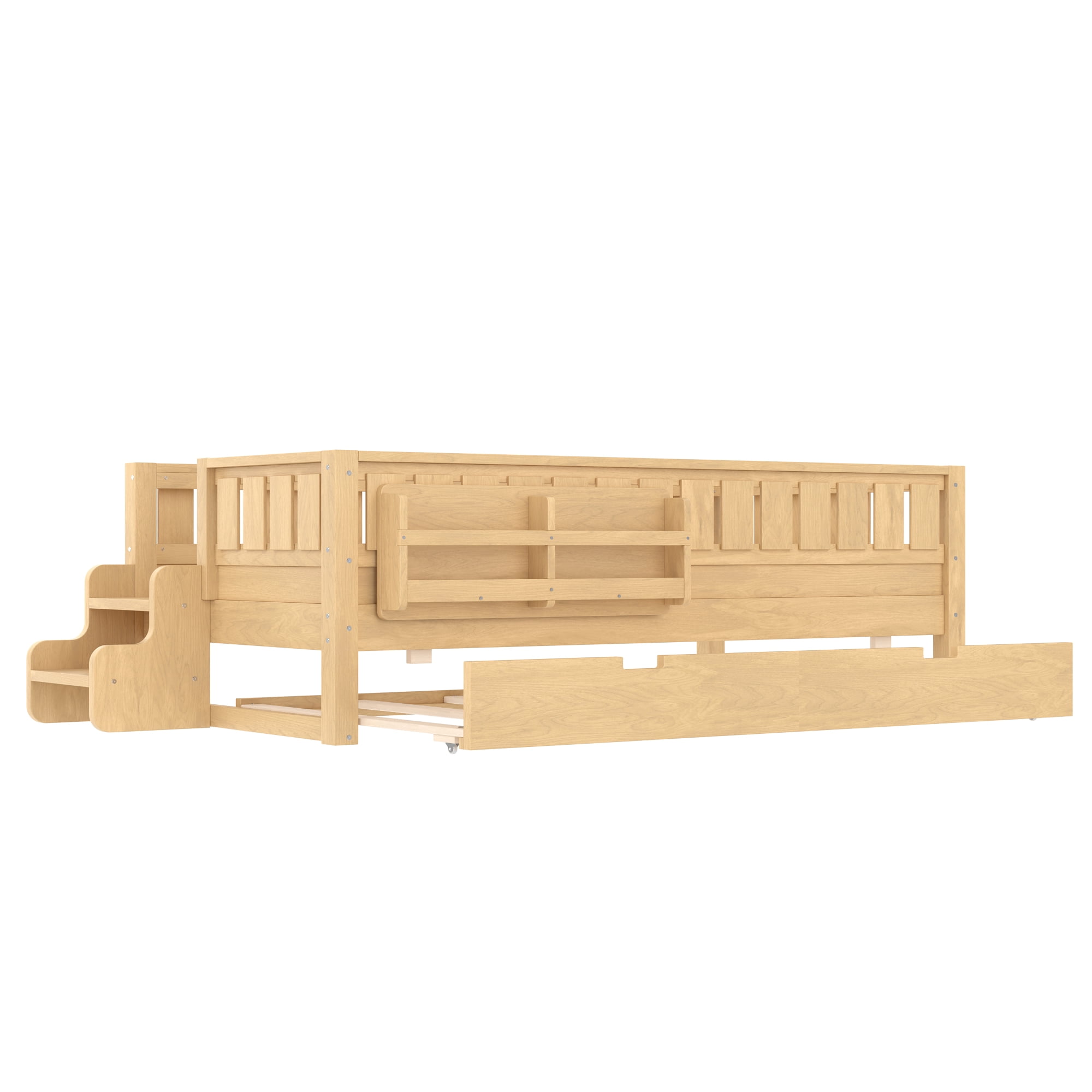 Twin Bed with Bookshelf and Trundle 79.1 Inch, Solid Wood Frame with Staircase and Safety Rails, Space-Saving Kids Bed with Storage, Light Natural