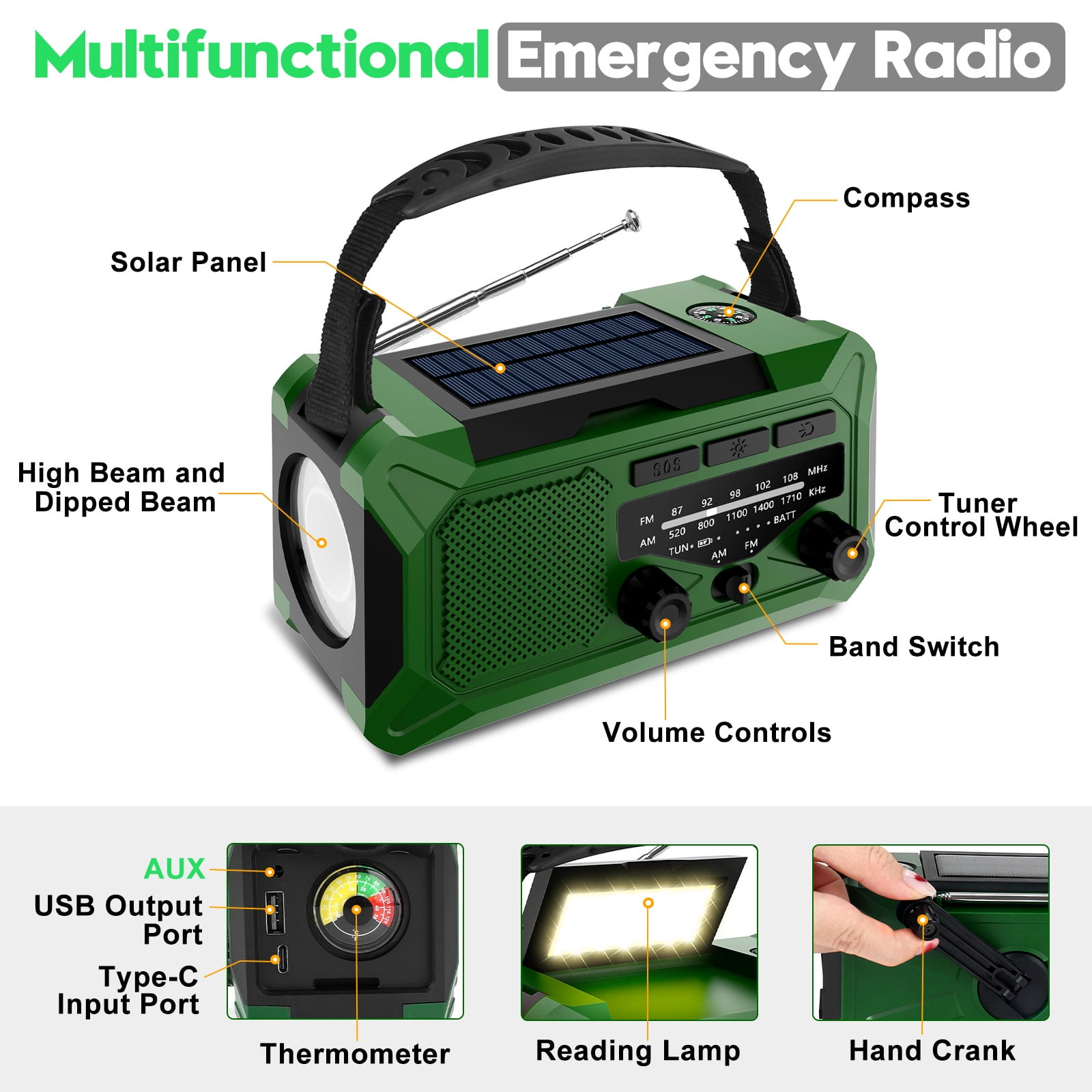 Fovendi 10000mAh Hand Crank Radio,Emergency Radio,Solar Radio,NOAA/AM/FM Weather Radio,USB Type-C Charging Radios Portable with LED Reading Light,SOS,Compass for Camping Hiking Climbing