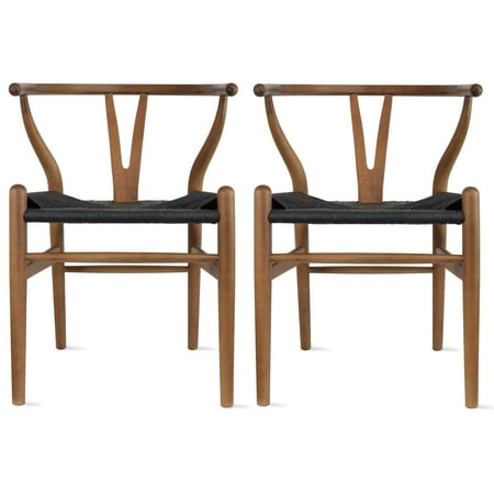UPC: 0061070326681 | Homelala Set of 2 Wishbone Solid Wood Armchairs with Arms Open Y Back Farmhouse Dining Office Chairs with Woven Black Seat  Espresso