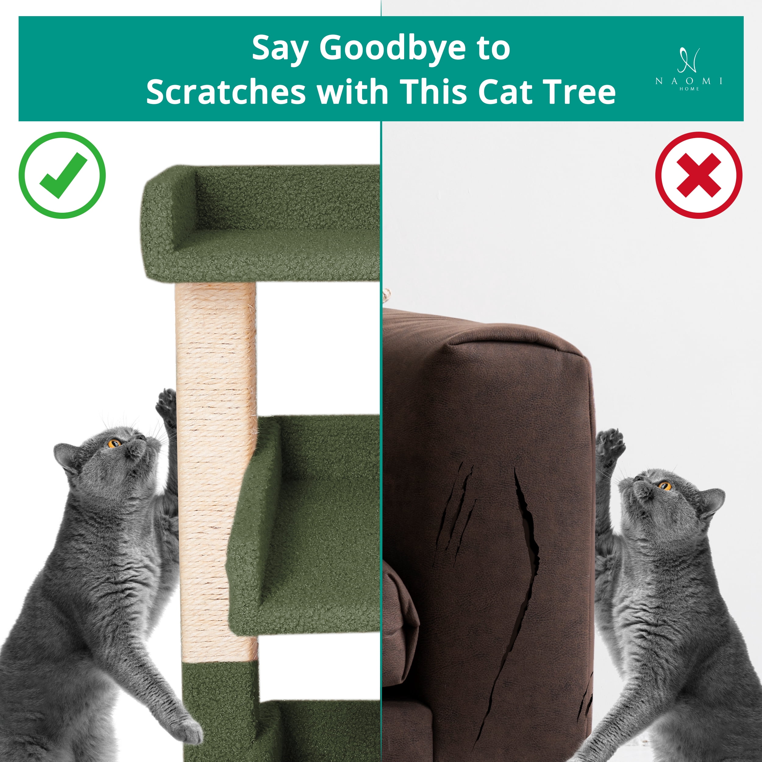 Nala 3-Tier Cat Tree Tower for Indoor Cats – Large Cat Tower & Cat Condo for Large Cats | Cat Tree House & Cat Castle for Multi-Cat Homes -Color: Green