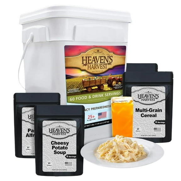 Heavens Harvest 25 Year Family Survival Food Kit   Waterproof Bucket, Emergency Freeze Dried Food Supply (60 servings)