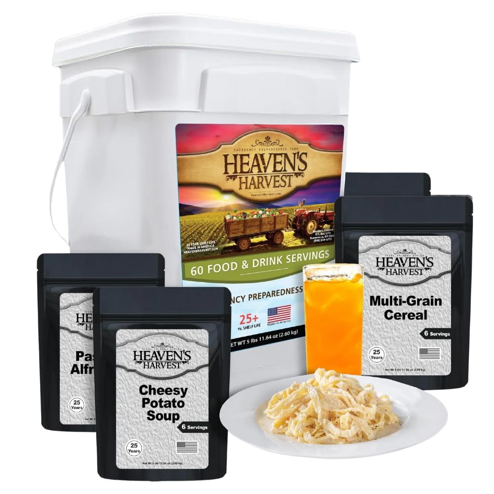 Heavens Harvest 25 Year Family Survival Food Kit + Waterproof Bucket, Emergency Freeze Dried Food Supply (60 servings)