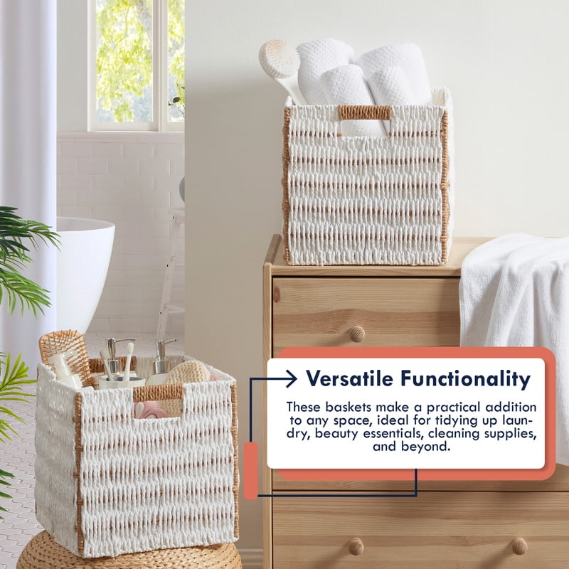 Ornavo Home Wicker Storage Cubes Bin, 13 x 13 Inch Storage Cubes Shelf Basket Collapsible Natural Hand Woven Paper Kallax Storage Cube Bin with Handles - Set of 6, White/Brown