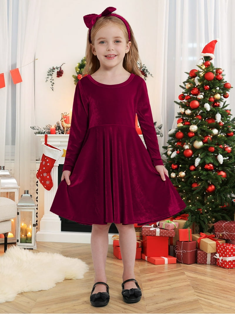 Silvercell 1-9t Toddler Girls Christmas Velvet Twirl Dresses + Headband, Little Girl Casual Long Sleeve Swing A-Line Skater Party Dress, 1-9 Years,