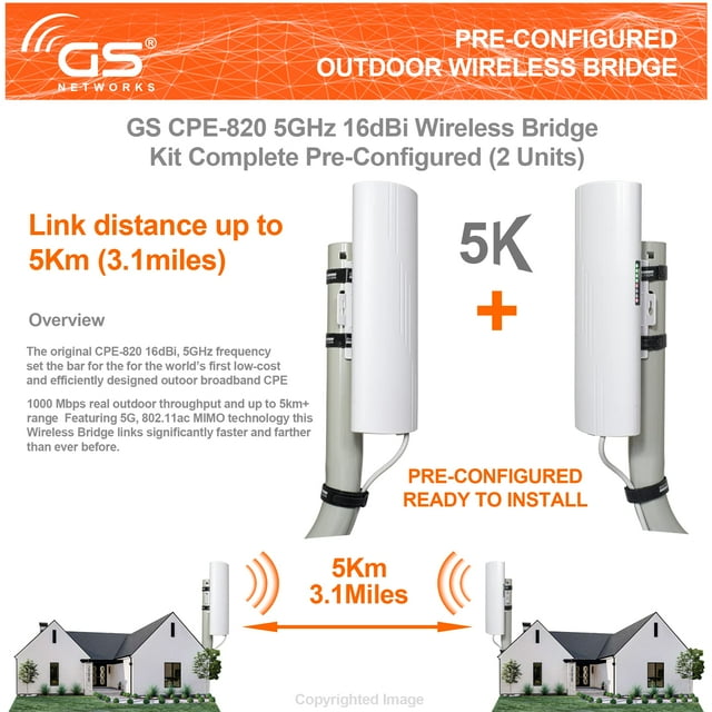 Wireless Bridge Point to Point Outdoor WiFi, Wireless Network Expansion Kit, Long Range High Speed 5G | 2 Units Bridge Kit Complete Pre-Configured -