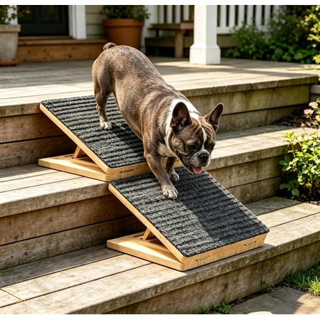 2-Pack Solid Wood Dog Ramp for Stairs – 4 Adjustable Heights (4–6.1 Inches), Tool-Free Pet Steps with Anti-Slip Grip & Corner Pads, Senior-Friendly for Bed, Couch & Stairway Access