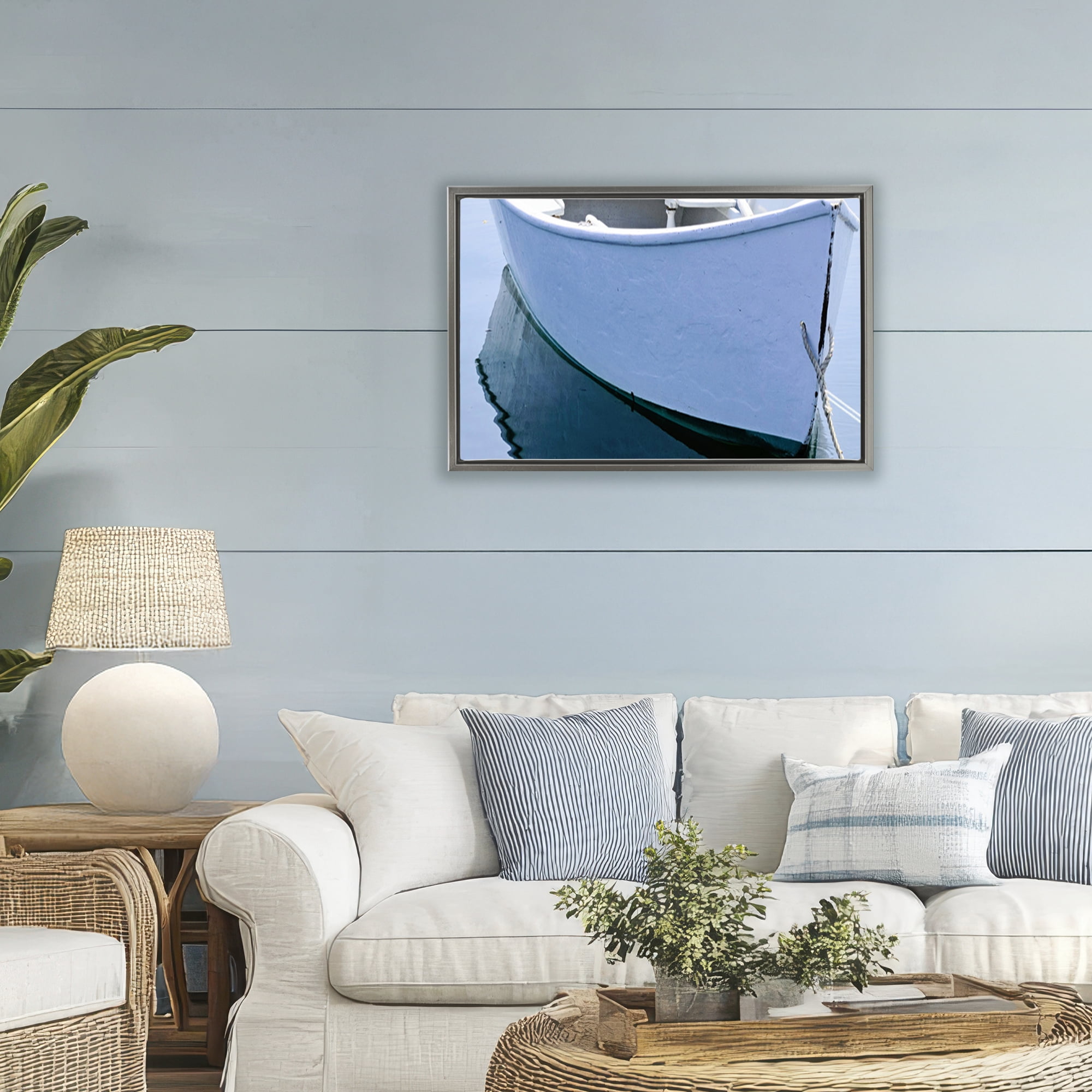 Stupell Industries Boat Tied to Dock Gray Framed Floater Canvas Wall Art, design by JLM Photographs