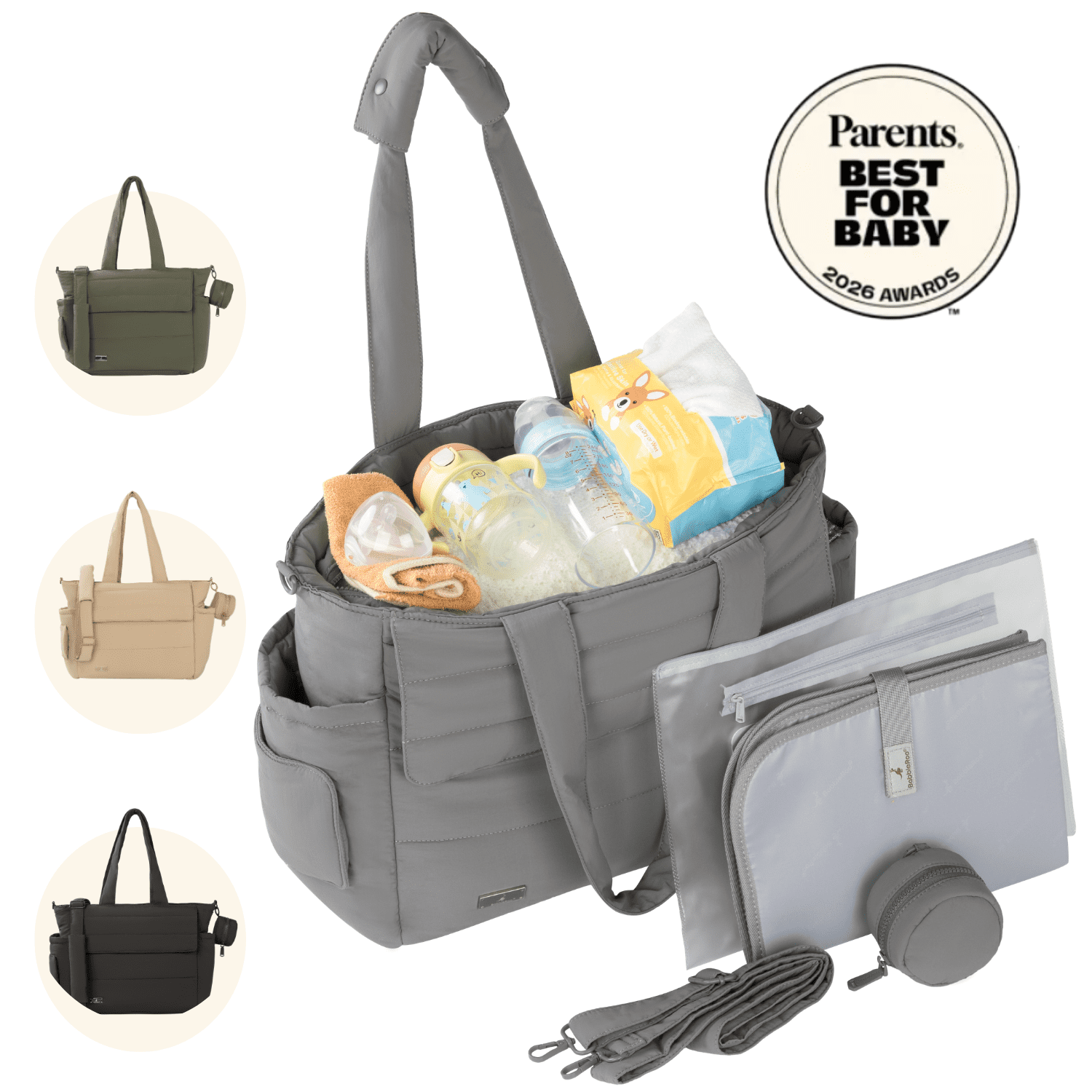 Babbleroo Flo Diaper Bag Gray-14-Pocket Luxury Puffer Tote with Laptop Sleeve, Changing Mat & Wet Bag for Moms & Dads