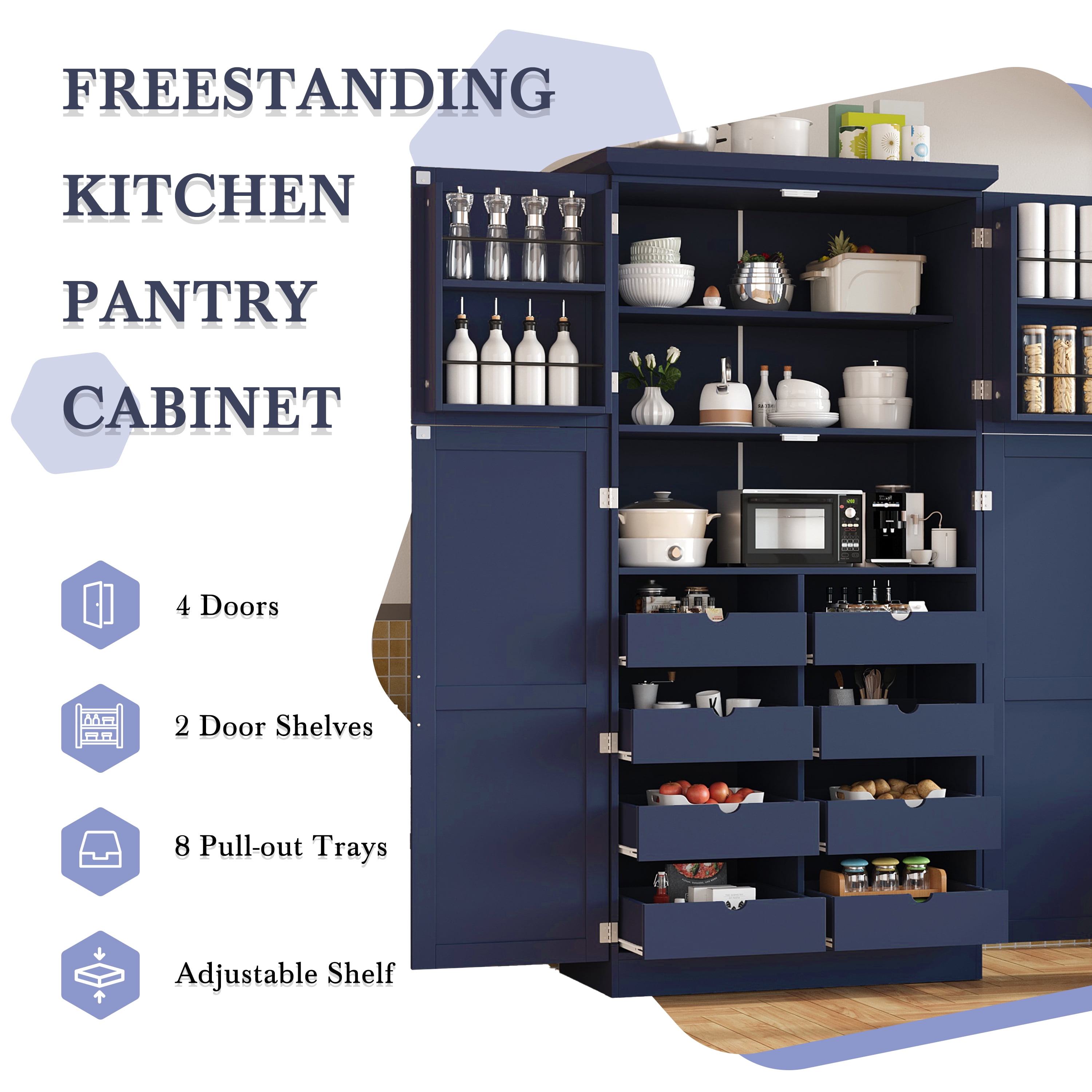 Aukfa 71" Tall Kitchen Pantry Cabinet, 4-Door Freestanding Pantry Hutch Storage Organizer with 8 Pull-Out Trays,Blue