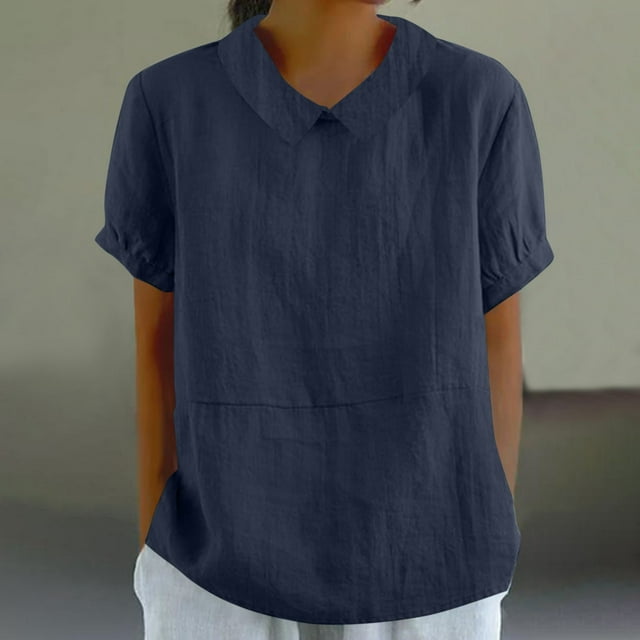 Jsaierl Womens Summer Cotton Linen Lapel Collar Shirts Trendy Short Sleeve Pullover Tops Solid Color Lightweight Simple Blouses