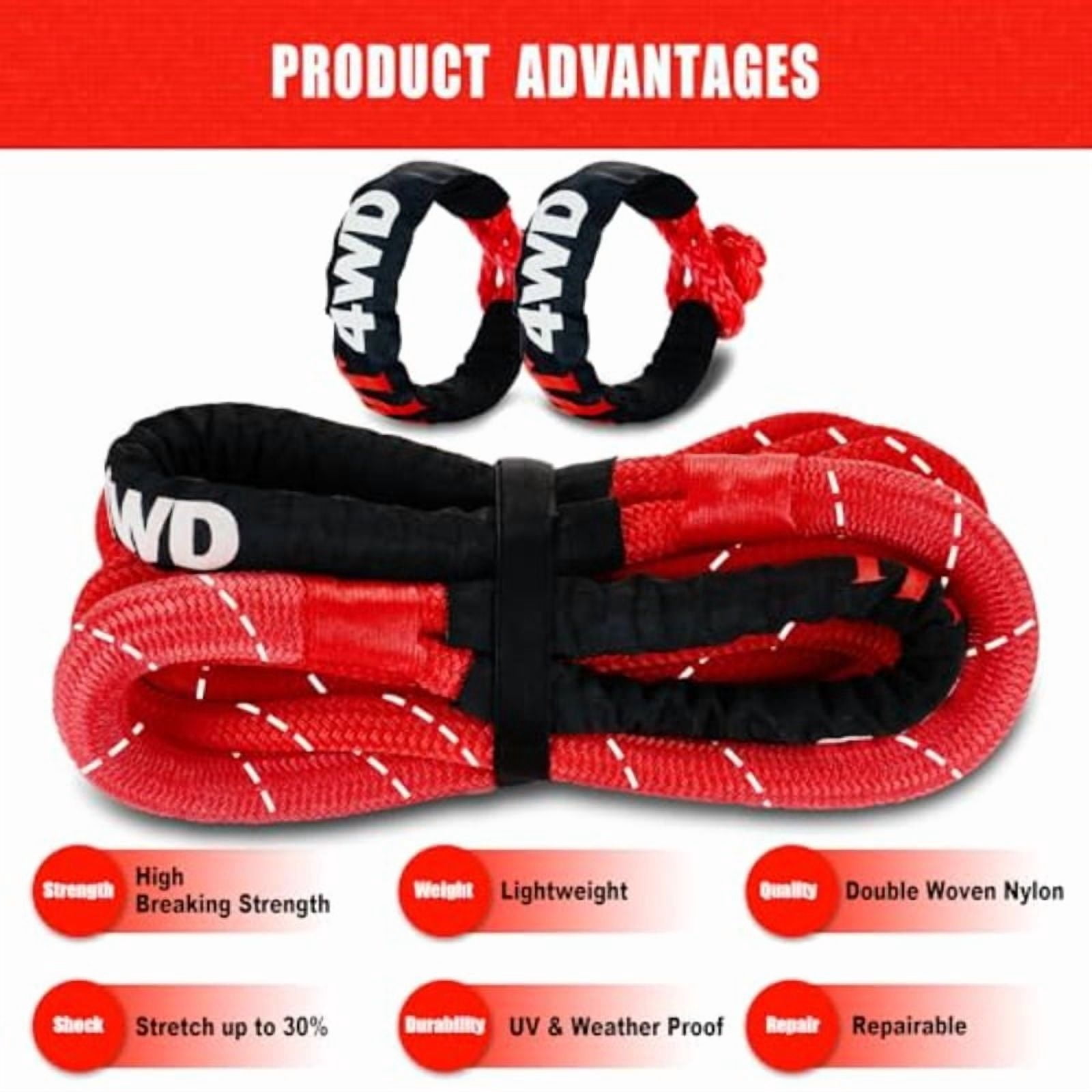Kinetic Recovery Rope 1in x 30ft Black 48000lbs Snatch Strap Heavy Duty Stretch Nylon Towing Ropes with 2pcs Soft Shackles for Offroad Vehicle Jeep SUV ATV UTV Tractor Elastic Ropes Kit,