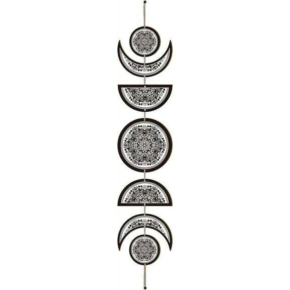 7pcs Moon Phase Wall Hanging Boho Decor Wooden Wall Art Witchy Decor Set with Cotton Thread Tassels Black Wooden Moon Rustic Sign Modern Art Wall for Home Bedroom 6.3 x 37.1 Inch(Flower-03) Black