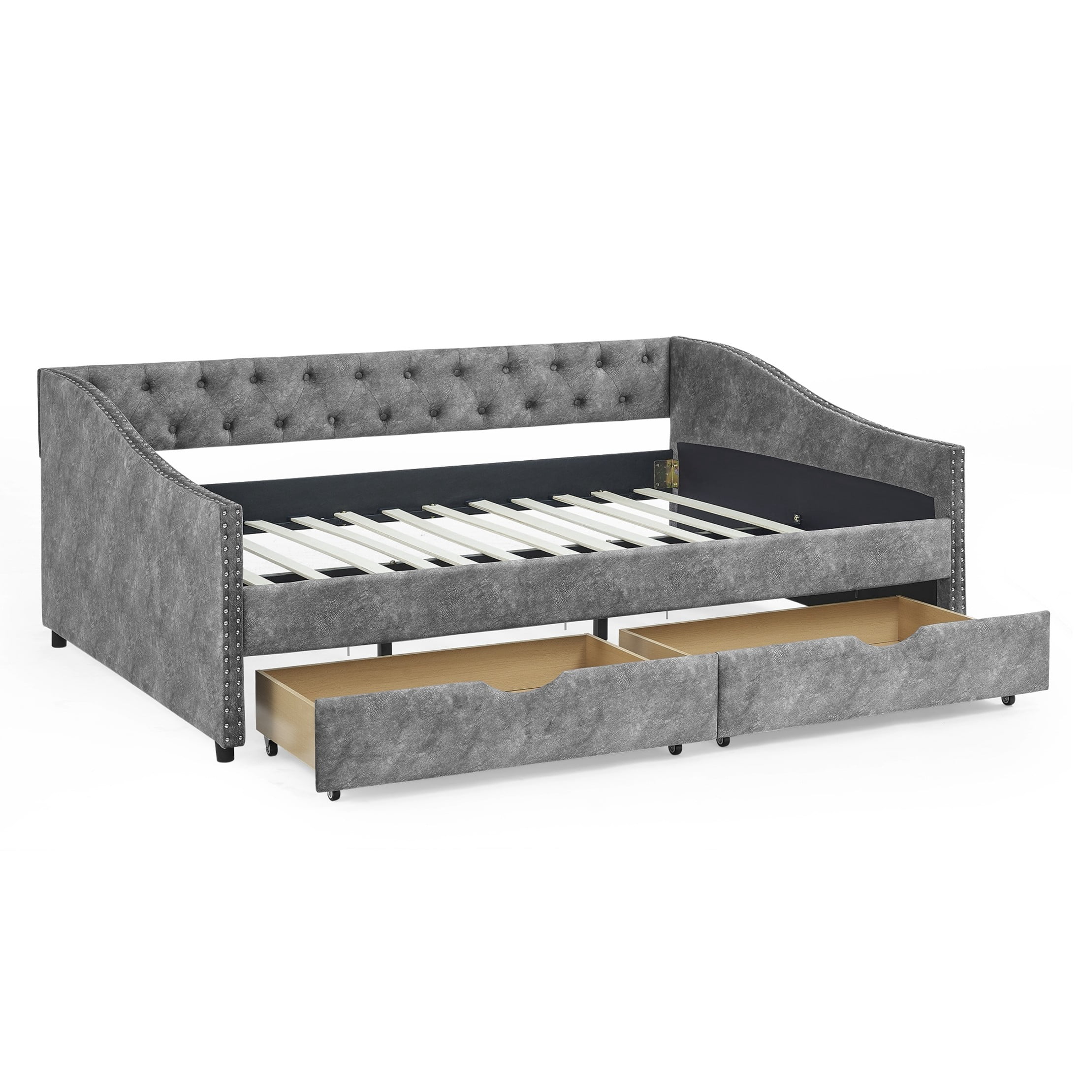 Noble House Solley Mid-Century Full Size Upholstered Daybed with Tufted Back & Storage Drawers, Waved Shape Arms, Grey