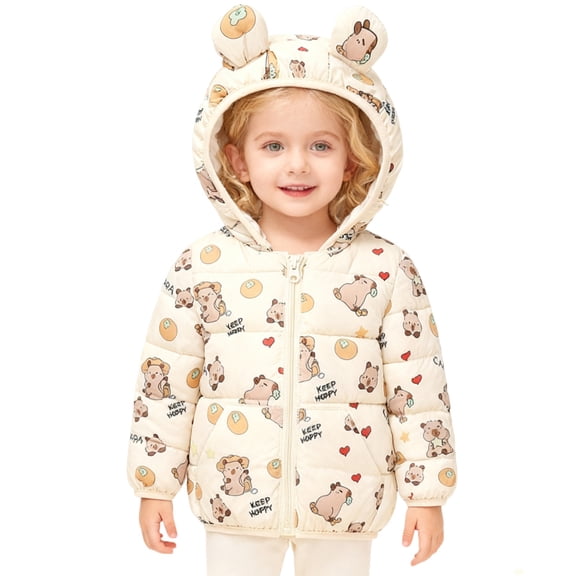 Hifoo Girls Down Coat Winter Cartoon Solid Color Warm Jacket With Cute Animal Print Insulated Outerwear Toddler Kids Tops Long Sleeve Soft Lightweight Hooded Lovely Child Dailywear