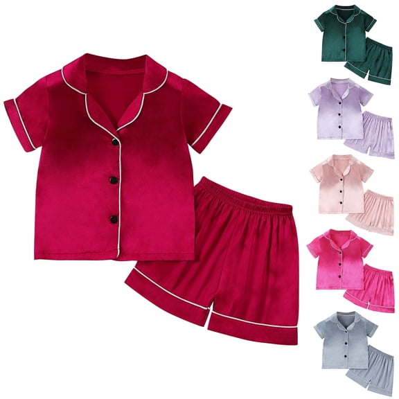 Fesfesfes Kids Pjs Sets Silk Comfy Outfits Solid Color Short Sleeve Shorts Shorts Sets Toddler Baby Homewear Clothes Suits