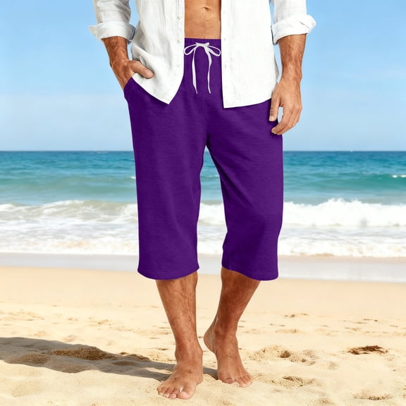 Nestiefly Mens Elastic Waist Drawstring Workout Gym Joggers 3/4 Shorts Summer Casual Sweat Short Pants with Pockets Dark Purple XL
