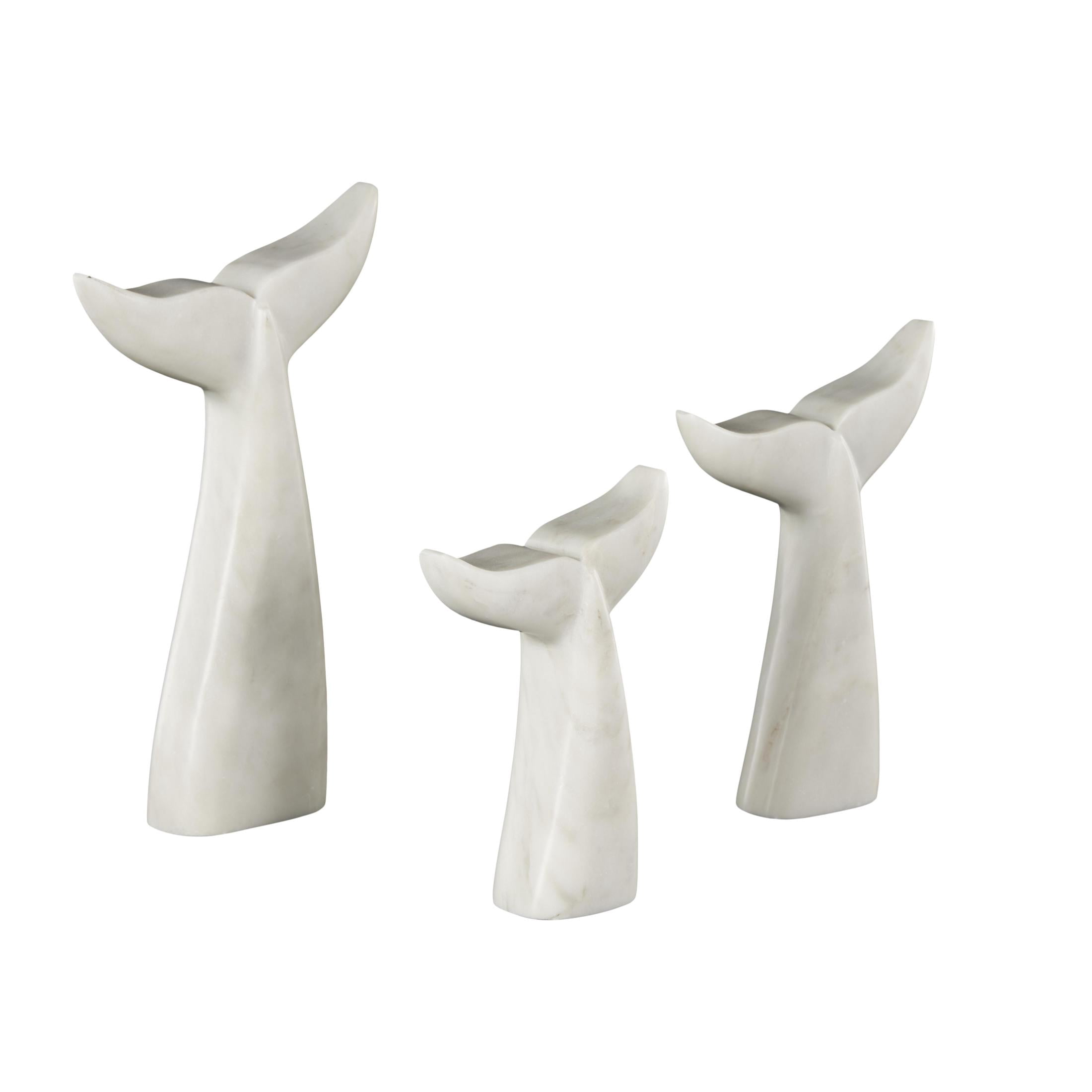 9", 7", 6"H White Marble Tail Whale Sculpture, by DecMode (3 Count)