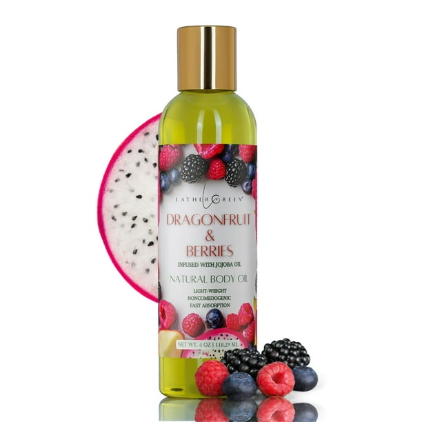 Dragonfruit & Berries Natural Body Oil, Lightweight Hydrating Formula with Antioxidants, 4 oz by LatherGreen