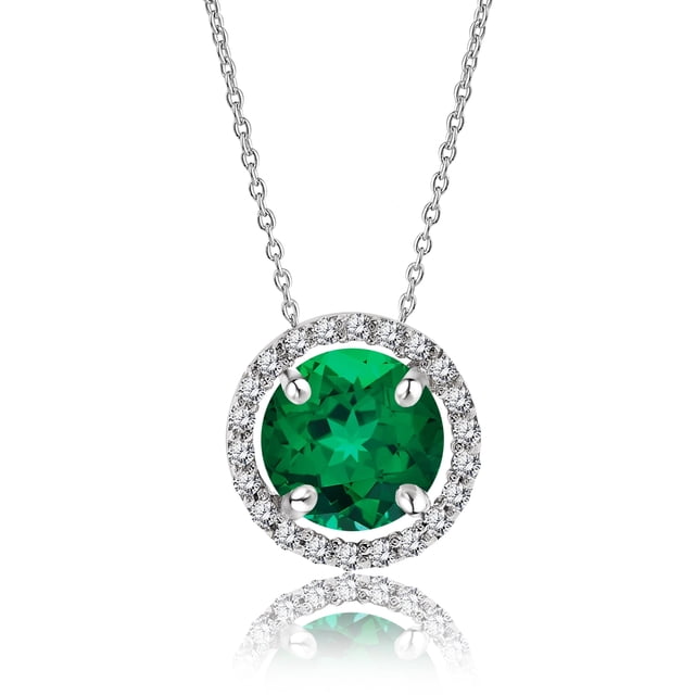 JeenMata Collar con Colgante de Halo con Piedra Natal de Mayo, Esmeralda, Corte Redondo, Solitario de 1,25 Quilates, Chapado en Oro Blanco, para Adultos y Mujeres