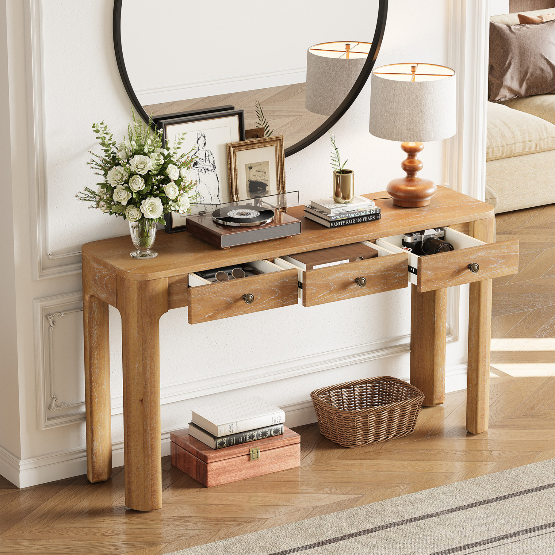 52'' Rustic Curved Console Table, Entryway Table with 3 Concealed Drawers, Sturdy Sofa Table with Thick Legs for Hallway & Living Room, Natural