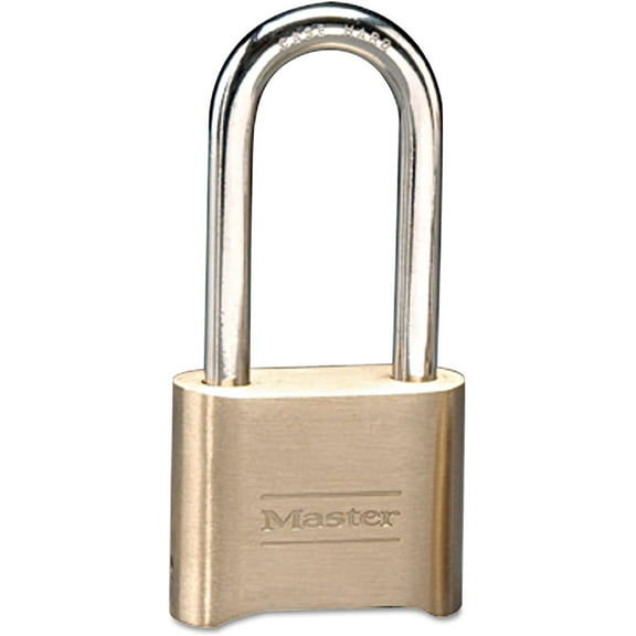 Master Lock Combination Padlock - Hardened Steel, Brass Finish, 0.312 in. Shackle Diameter, Gold — Home & Garage Storage, Stackable Design