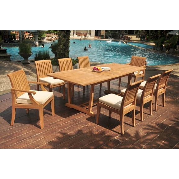 Grade-A Teak Dining Set: 8 Seater 9 Pc: 94" Double Extension Mas Rectangle Trestle Leg Table And 8 Lagos Chairs (2 Arm & 6 Armless Chairs) WholesaleTeak #WMLG35