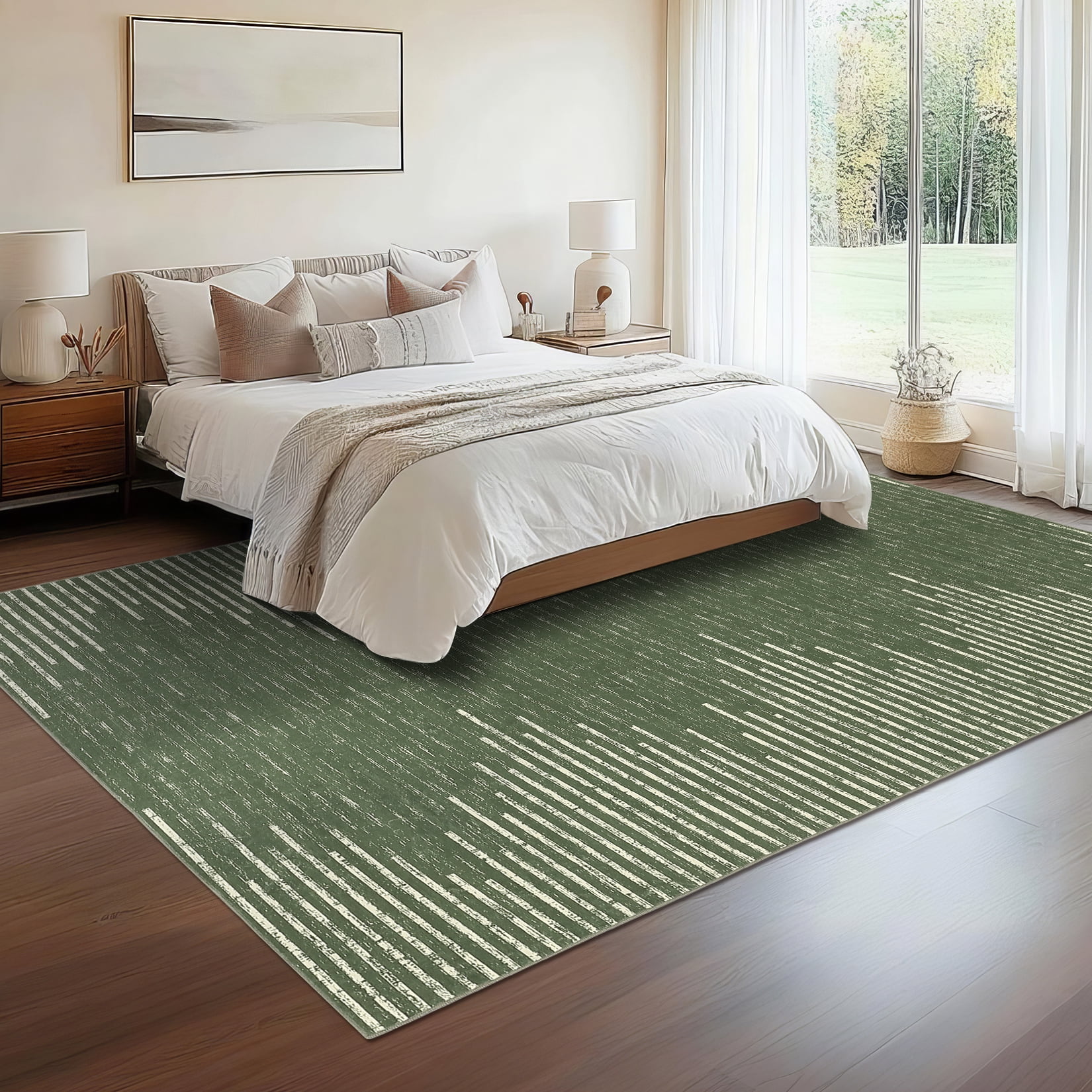 GlowSol 10' x 13' Large Washable Rug Geometric Striped Area Rug Soft Non Slip Low Pile Stain Resistant Carpet for Living Room Bedroom, Green