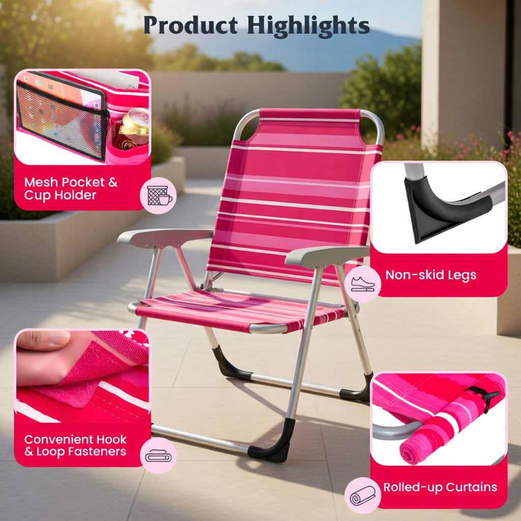 Hommoo 5-Position Adjustable Outdoor Folding Chaise Lounge Chair with Removable Pillow, Rose Pink