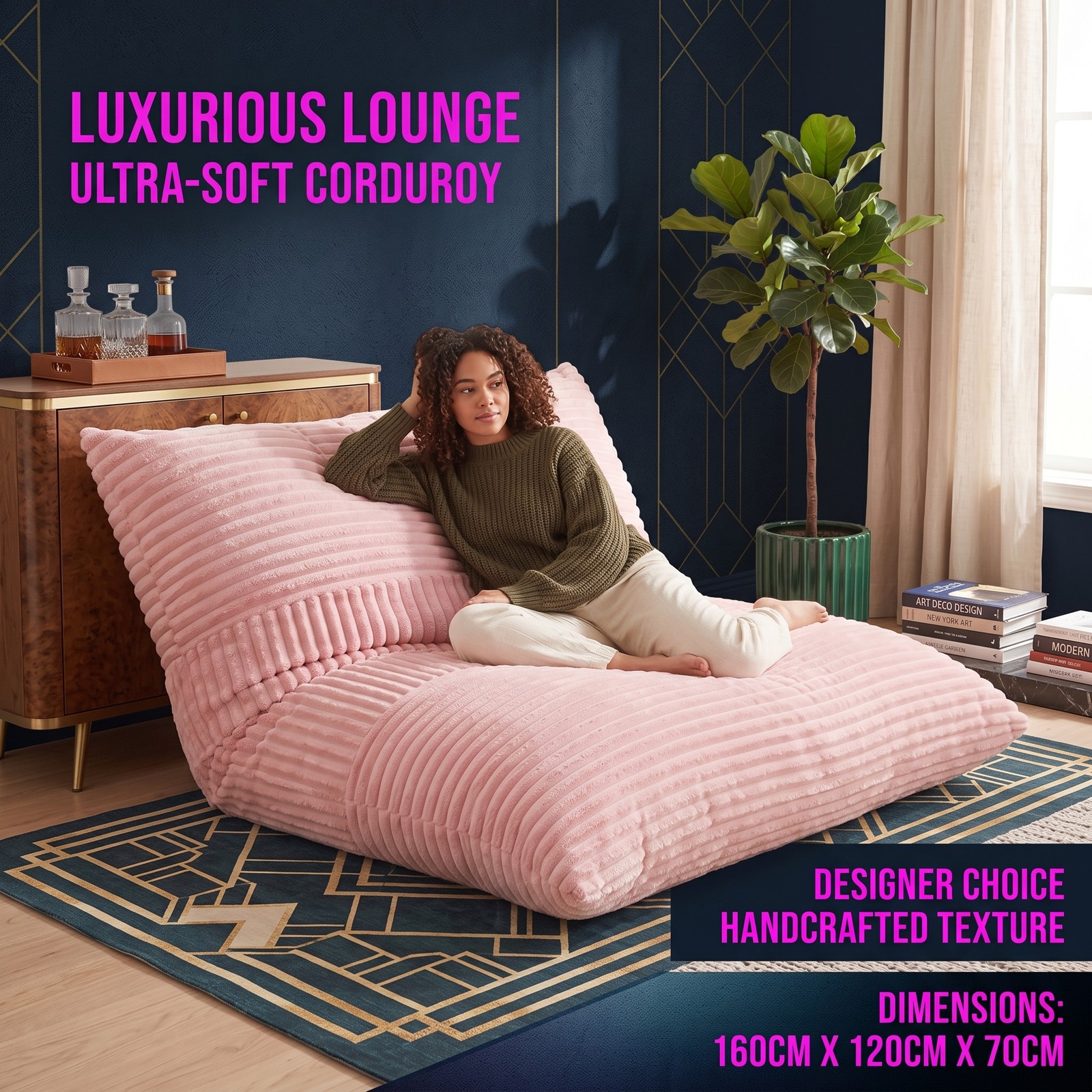 Furnibear 3-in-1 Large Bean Bag Chair, Convertible Corduroy Bean Bag Bed Sofa Lounger with Soft Sponge Filling and Removable Zippered Cover for Living Room, Pink